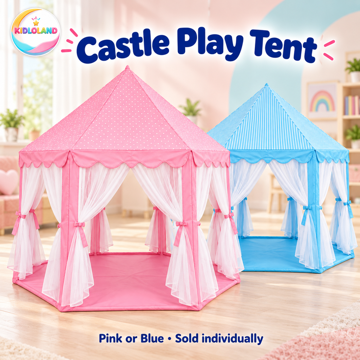 Castle Play Tent in Pink and Blue in a pastel playroom; colours sold individually