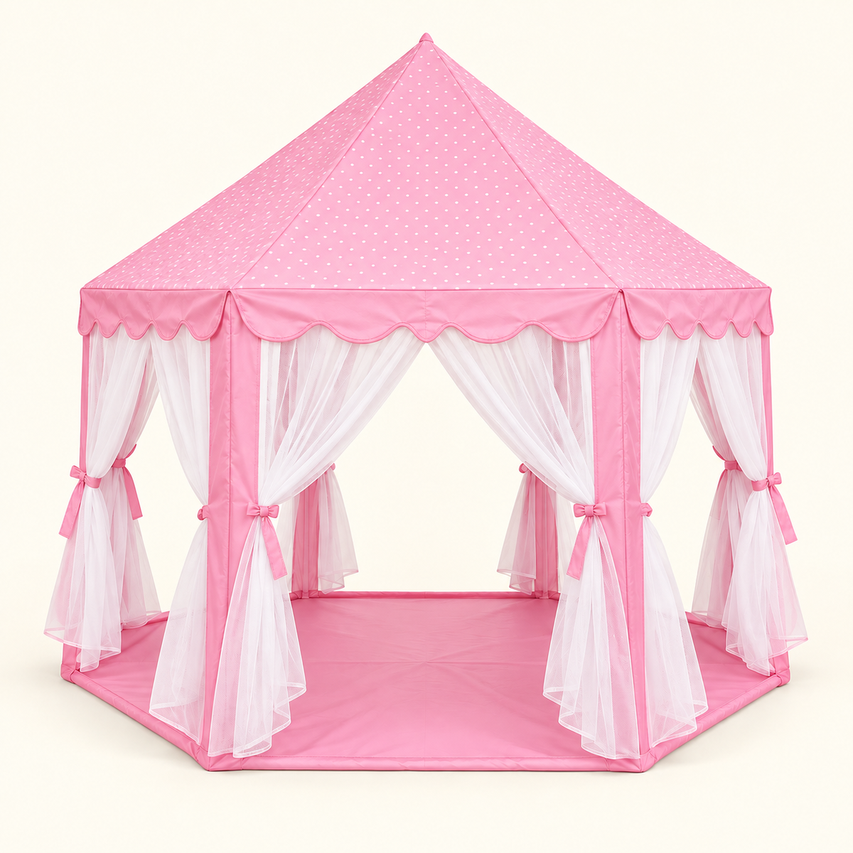 Pink Castle Play Tent with white mesh curtains and matching fabric base