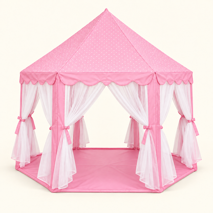 Pink Castle Play Tent with white mesh curtains and matching fabric base