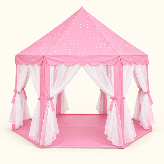 Pink Castle Play Tent with white mesh curtains and matching fabric base