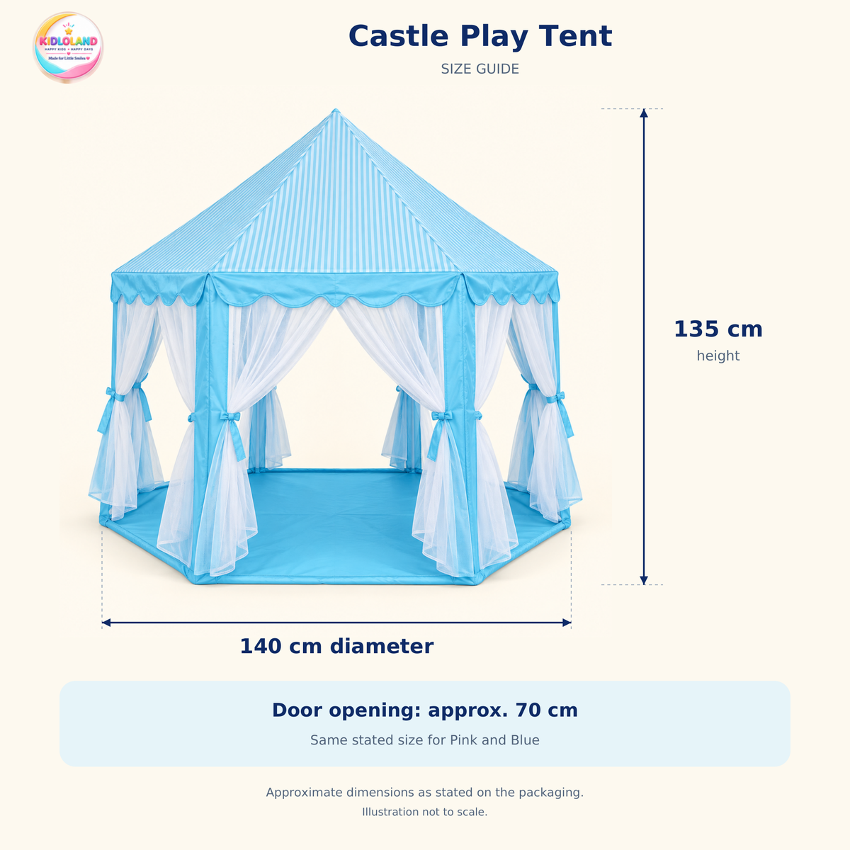 Castle Play Tent size guide: approximately 140 cm diameter, 135 cm height and 70 cm door opening