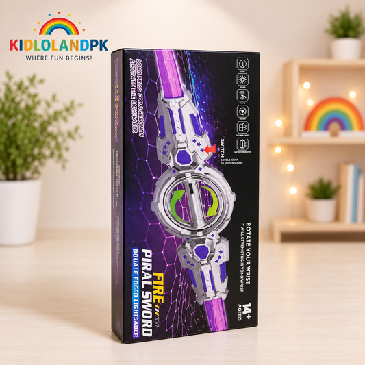 Full view of double-ended spiral lightsaber packaging with purple and silver toy design, framed for square product cards
