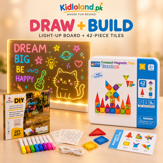Draw and Build Activity Bundle showing the light-up acrylic drawing board and 42-piece compact magnetic tiles set together