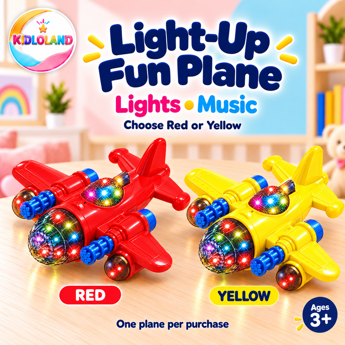 Light-up Fun Plane toy in red and yellow colour options with music, ages 3 and above