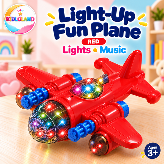 Red Fun Plane toy with blue details, colourful lights and music