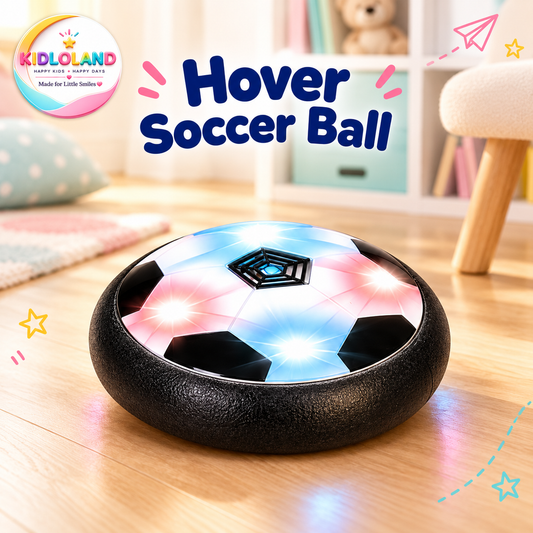 Hover soccer disc with coloured lights on a wooden playroom floor with Kidloland branding