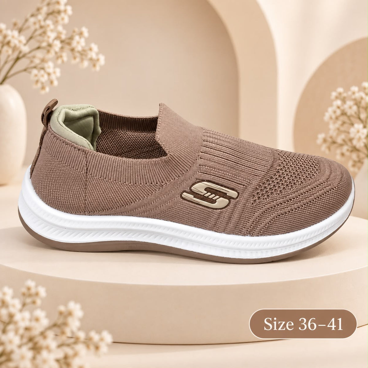 Brown knit slip-on shoes with sage collar, sizes 36–41