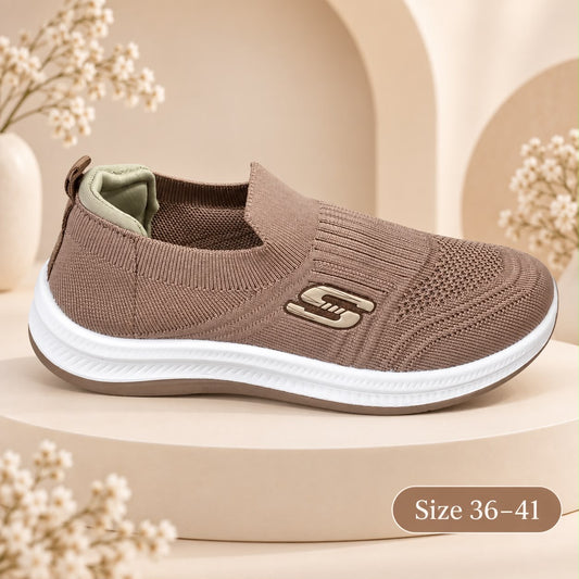 Brown knit slip-on shoes with sage collar, sizes 36–41