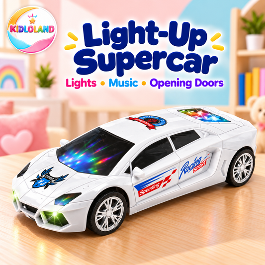 White light-up toy supercar with music and opening doors