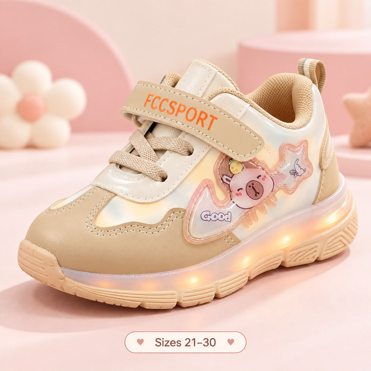 Beige Little Bear kids' light-up sneakers, sizes 21–30