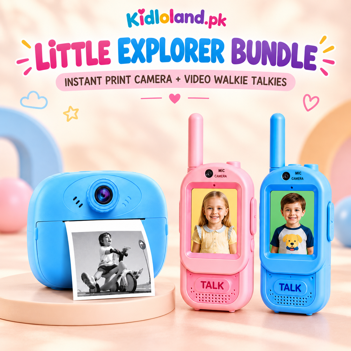 Little Explorer Bundle – Blue Instant Print Camera + Video Walkie Talkies – both included products shown together
