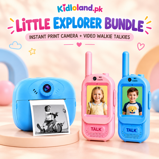 Little Explorer Bundle – Blue Instant Print Camera + Video Walkie Talkies – both included products shown together