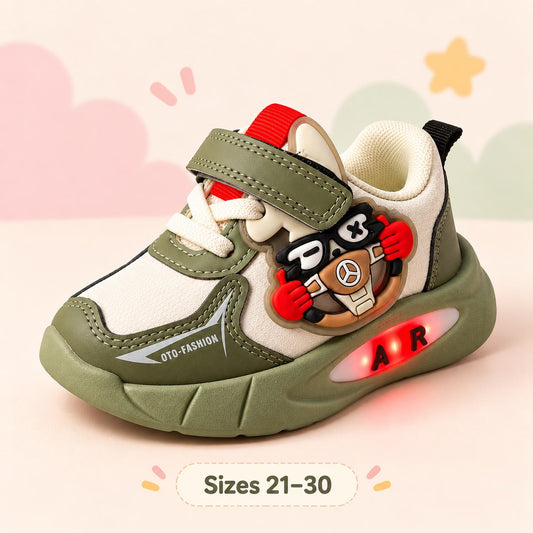 Olive green Little Racer kids' light-up sneakers, sizes 21–30