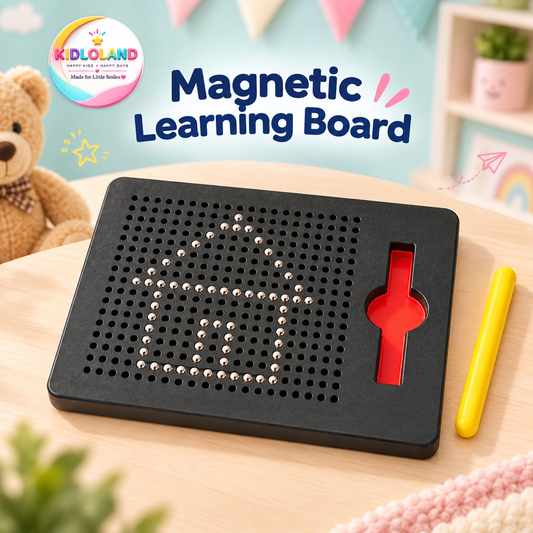 Black magnetic learning board displaying a silver bead house beside its yellow stylus