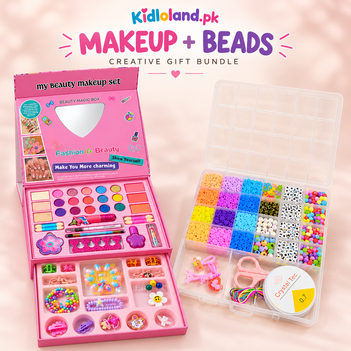 Makeup and Beads Creative Gift Bundle showing the Premium Makeup Kit and separate DIY Jewelry Making Beads Kit together