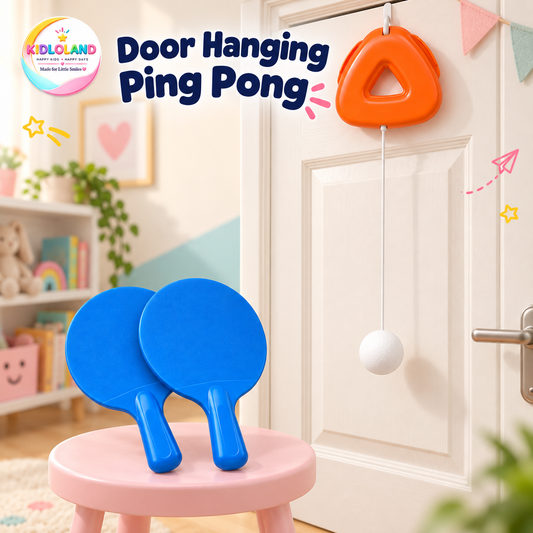 Orange door hanging ping pong toy with a suspended white ball and two blue paddles in a pastel playroom