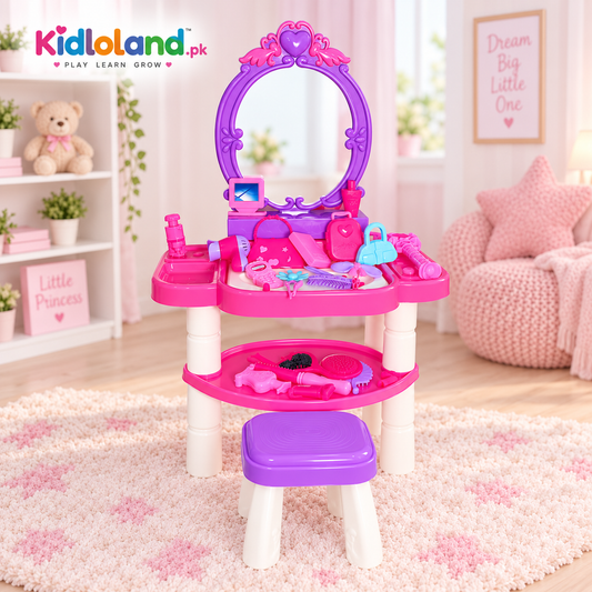 Full view of pink and purple princess dressing table with mirror, matching stool and accessories