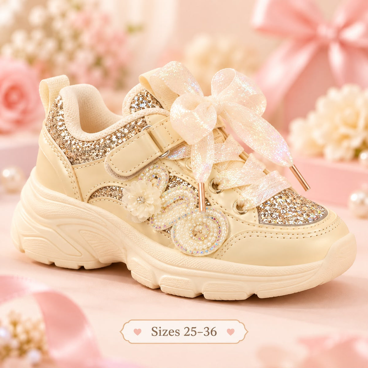Gold Sparkle Bow kids' chunky sneakers with glitter panels and decorative side embellishments, sizes 25–36