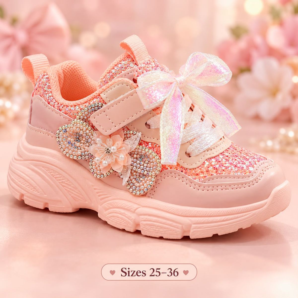 Pink Sparkle Bow kids' chunky sneakers with glitter panels and decorative side embellishments, sizes 25–36