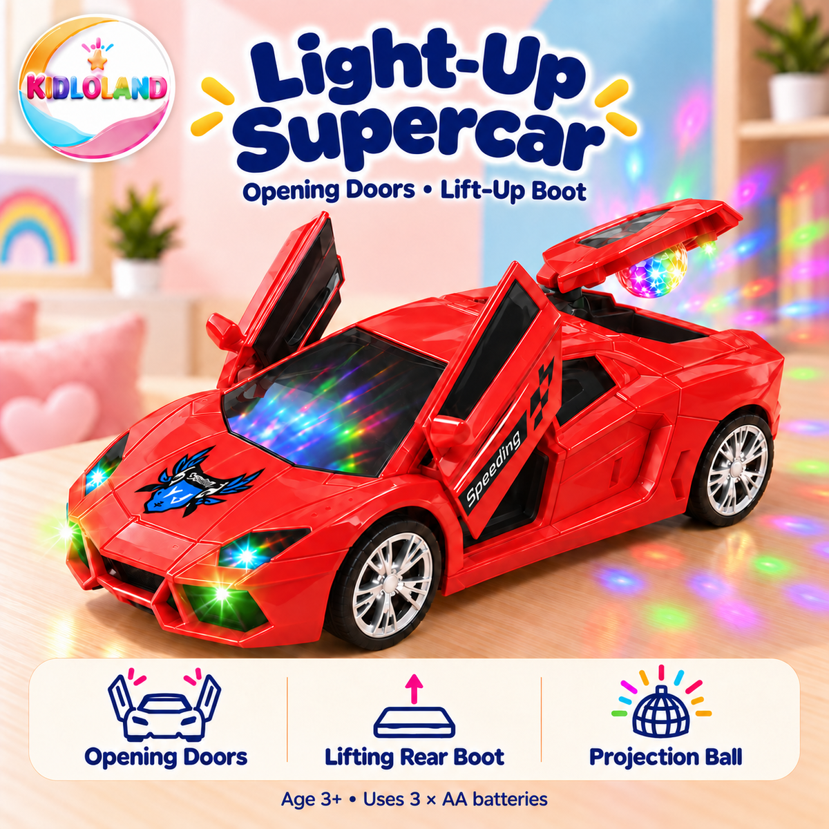 Red toy supercar with opening doors and lifting rear boot carrying a projection ball