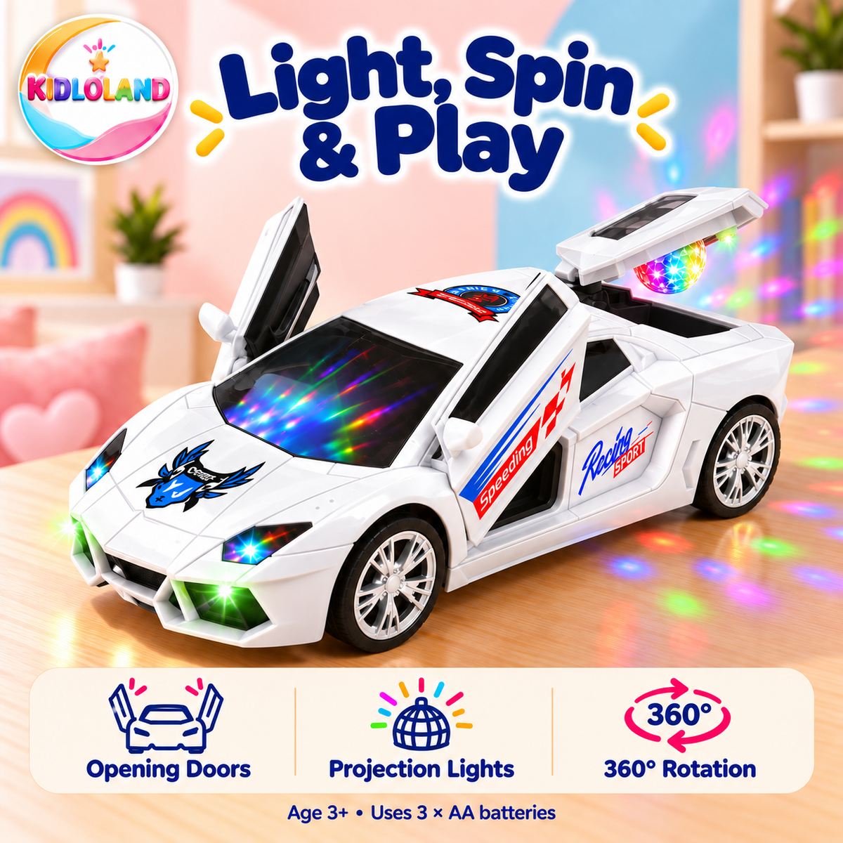 White toy supercar with opening doors, raised rear boot, projection lights and 360-degree rotation