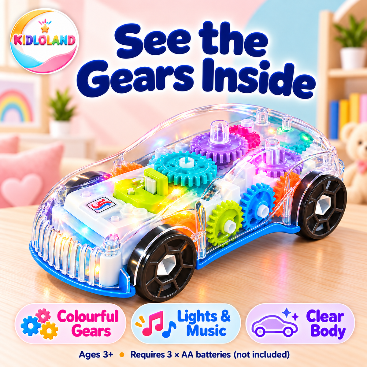 Transparent gear car features: colourful gears, lights and music, clear body; ages 3 plus; AA batteries not included