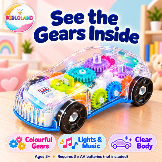 Transparent gear car features: colourful gears, lights and music, clear body; ages 3 plus; AA batteries not included
