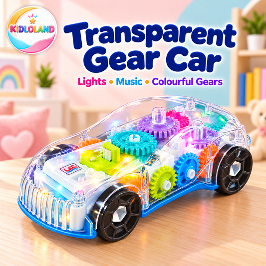 Transparent gear car with colourful visible gears, lights and music