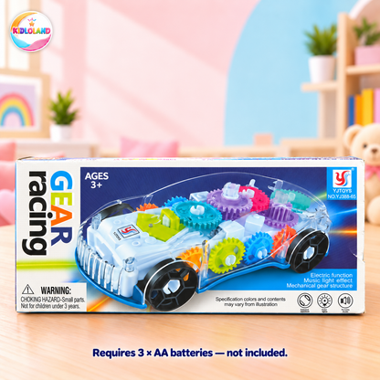 YJ Toys Gear Racing car packaging; requires three AA batteries, not included