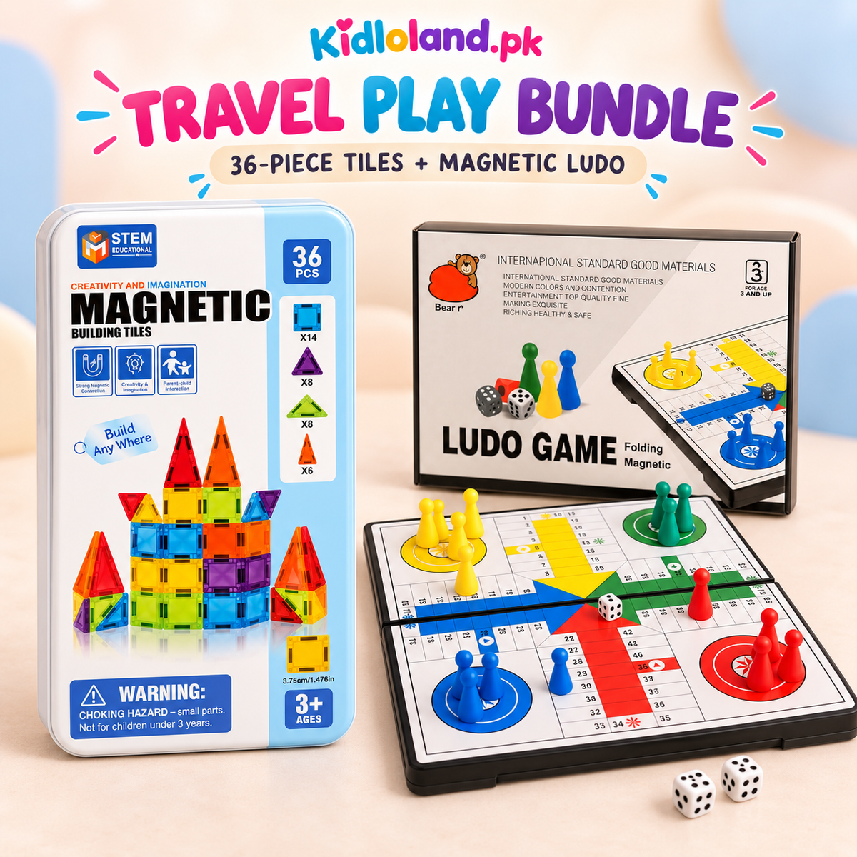 Travel Play Bundle – 36 Magnetic Tiles + Magnetic Ludo – both included products shown together