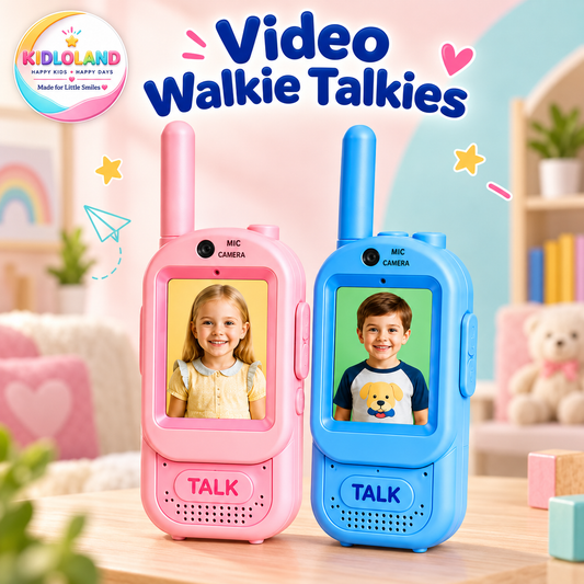 Pink and blue video walkie talkies in a pastel playroom with Kidloland branding