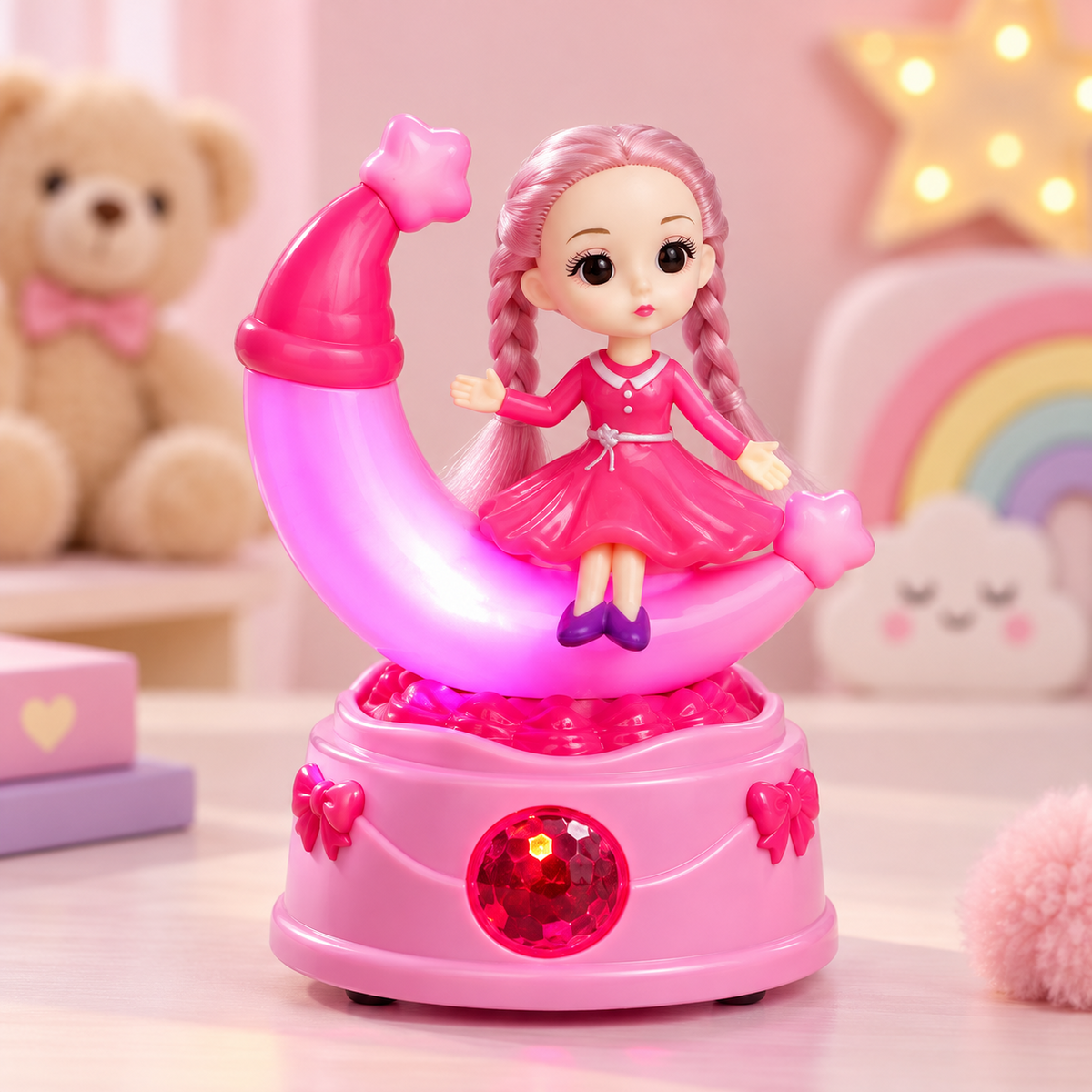 Moon Rotating Musical Doll in pink with glowing lights