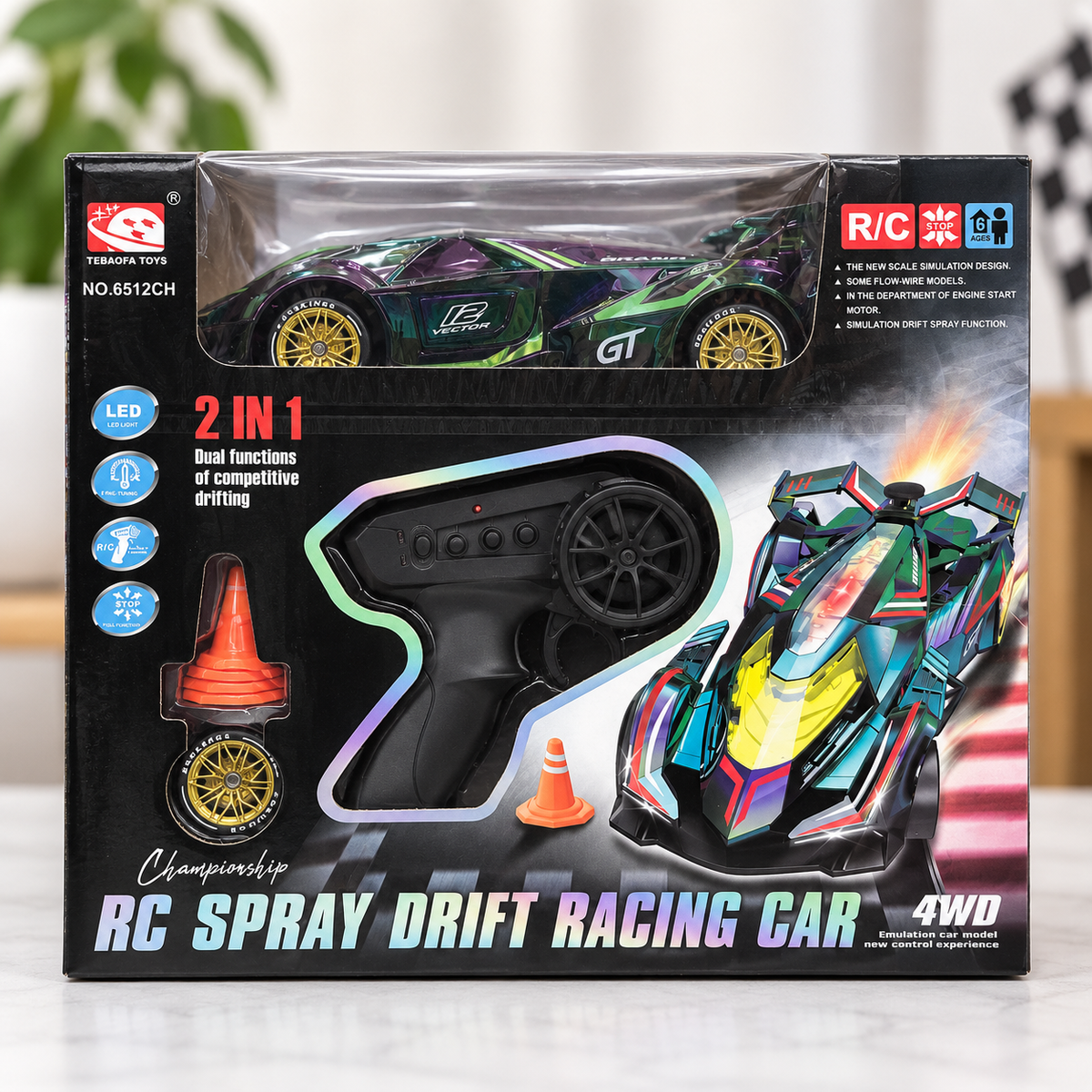 RC Spray Drift Racing Car retail box with controller and accessories