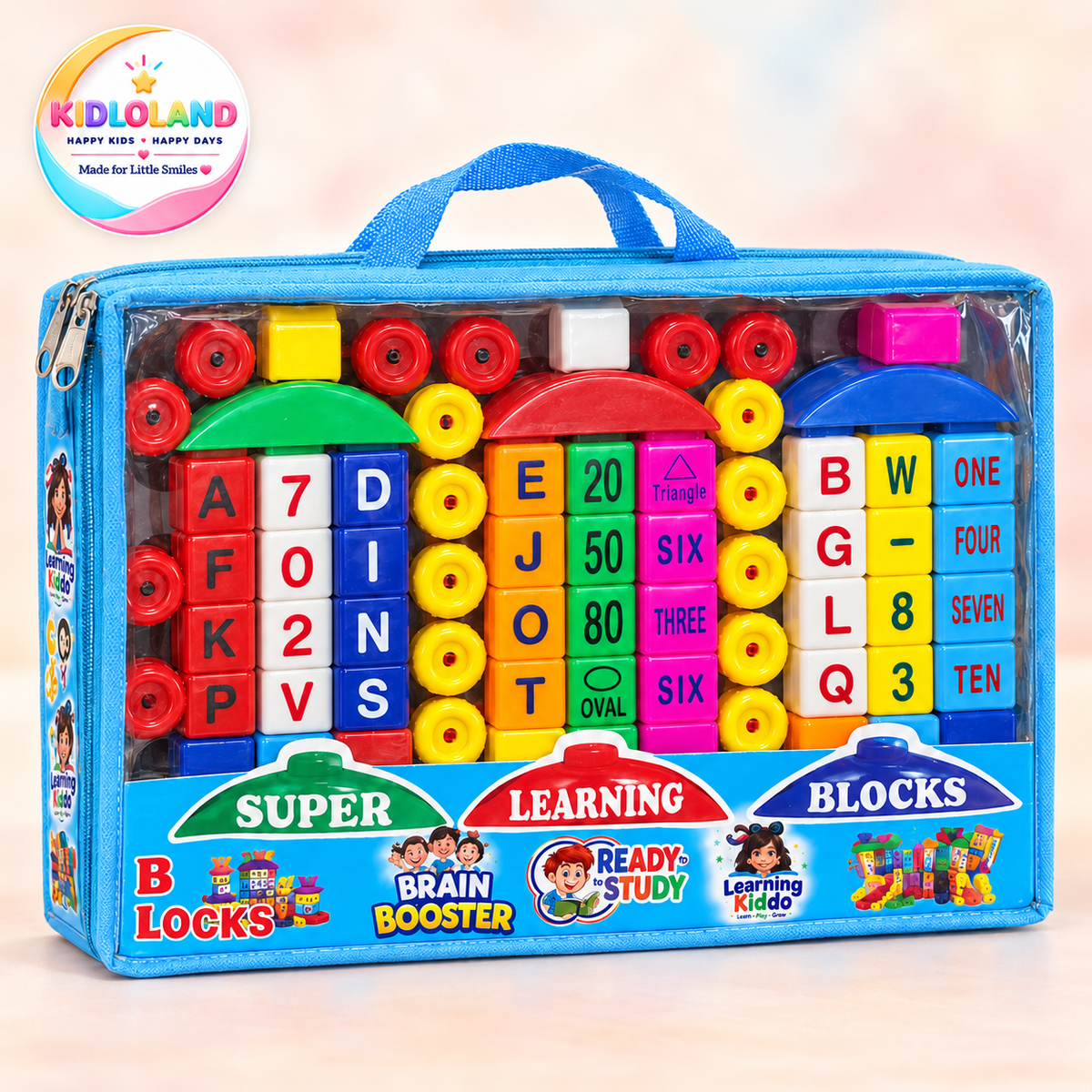 Super Learning Blocks packed in the blue zipped carry case with a clear front