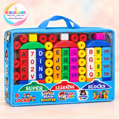 Super Learning Blocks packed in the blue zipped carry case with a clear front